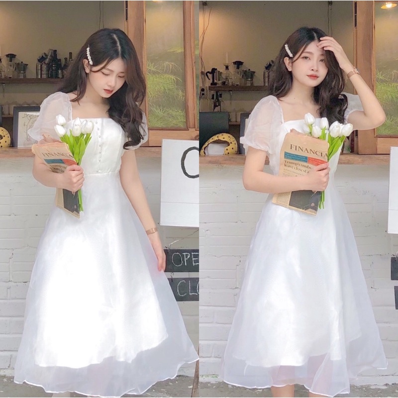 ĐẦM-VÁY TRẮNG TAY VOAN CÚC NGỰC 2 LỚP DÁNG XOÈ CÔNG CHÚA