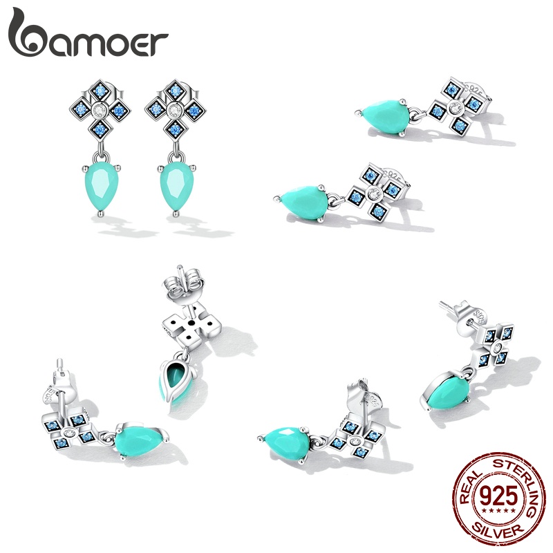 Bông tai BAMOER Bạc 925 mặt hình chữ thập và giọt nước đính đá thời trang