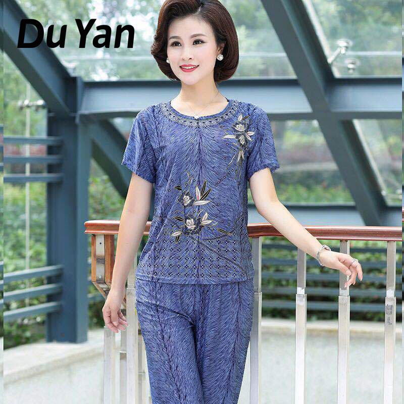 Du YAN set Áo Quần Giả Lụa Mát size Lớn Mùa Hè Cho Phụ Nữ Trung Niên Và Người Lớn Tuổi