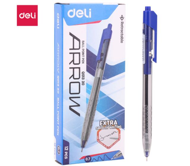 Bút bi đầu bấm Deli ARROW Xanh 0.7mm Q01330 (Combo 5 cây)