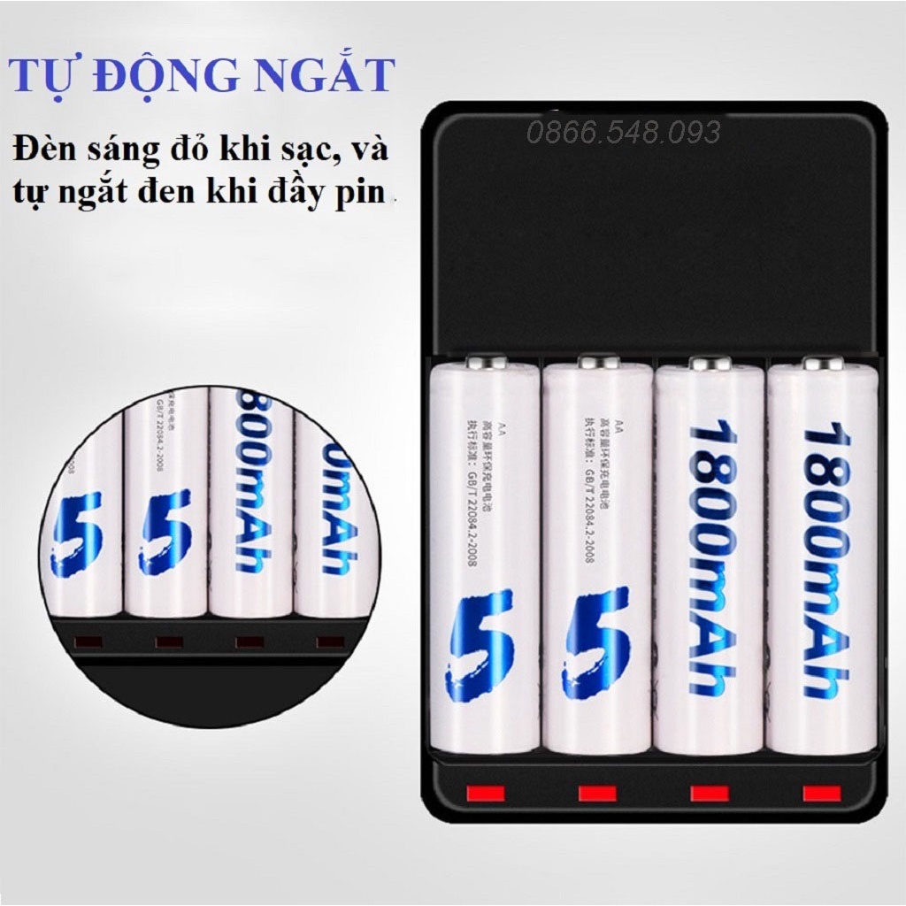 Bộ Sạc Pin Tự Ngắt Và 4 Pin Tiểu Sạc Palo AA 1800mAh Cho Xe điều khiển, Đồ chơi, Chuột Máy Tính