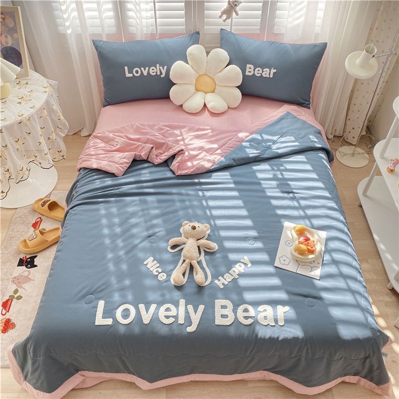 Set Chăn Ga Cotton Đũi Đính Gấu Dễ Thương,Nhiều Màu Sắc ( Chăn chần bỏng mỏng) - shinbedding