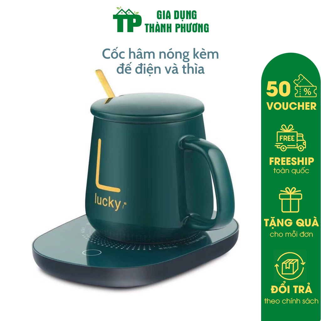 Cốc hâm nóng cao cấp bằng sứ kèm đế điện, Tặng kèm thìa mạ vàng tiện lợi