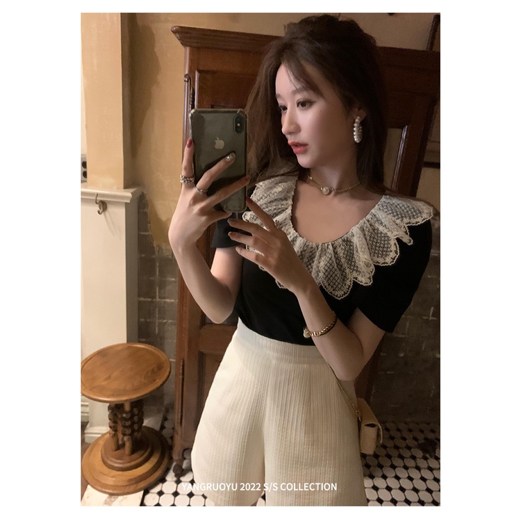 Áo croptop SUXI ngắn tay ôm dáng phối cổ cánh hoa xinh xắn cho nữ