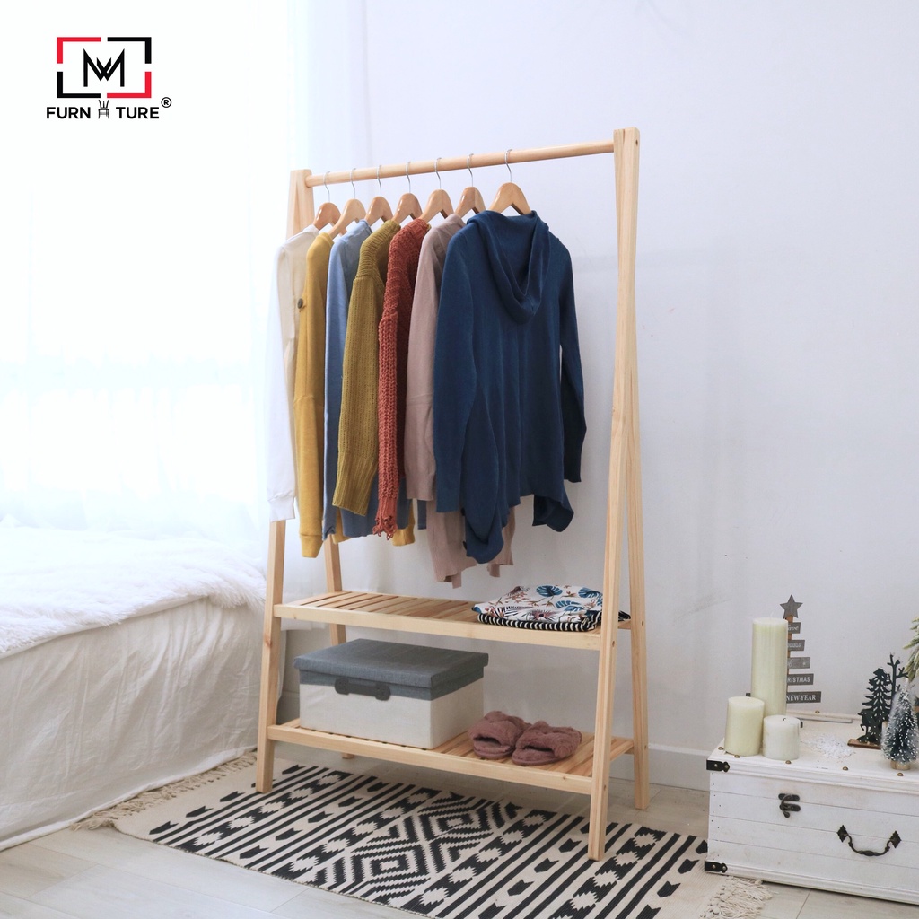 Giá treo quần áo 2 tầng chữ A màu gỗ thương hiệu MW FURNITURE - Size lớn 100x38x148 cm