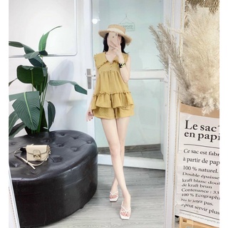 Sét bộ đũi bi xước áo babydoll cổ bèo và quần ngắn y hình