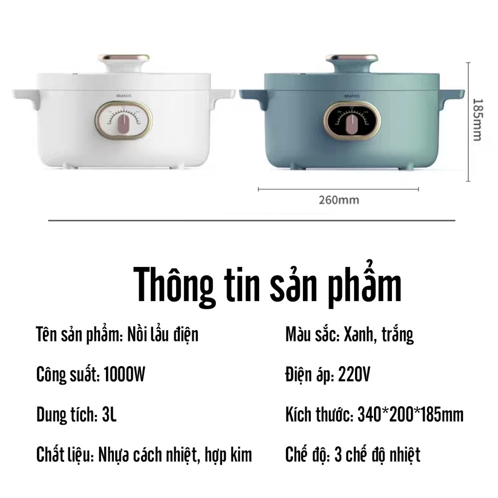 Nồi Lẩu Điện Chống Dính Dung Tích 3L Công Suất 1000W Làm Nóng Nhanh Chống Bỏng Chống Giật