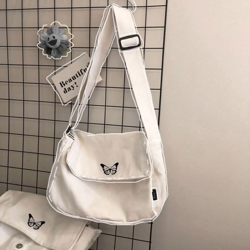 Túi tote vải canvas cao cấp đựng đồ đi học, đi chơi thêu hình con bướm nhỏ dễ thương phong cách  Hàn Quốc