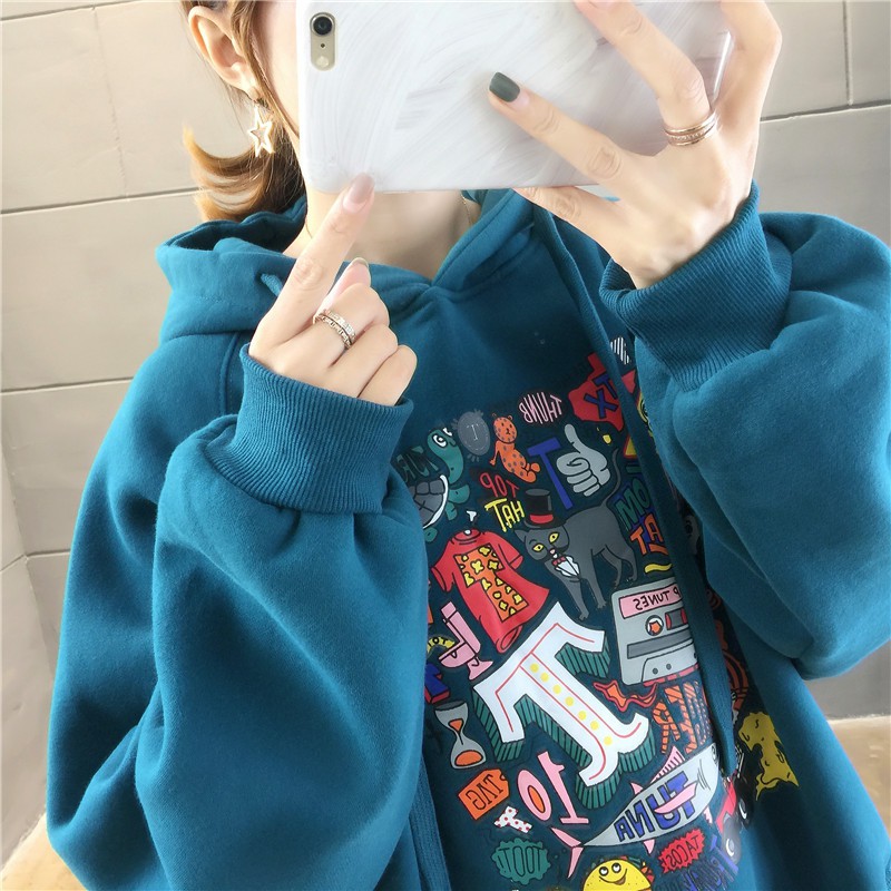 Áo hoodie ulzzang unisex form rộng Hàn Quốc họa tiết in thời trang