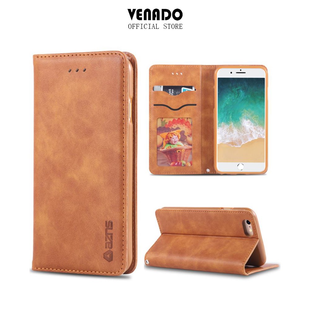 Ốp bao da iphone kiêm ví đựng tiền/thẻ atm/vé gửi xe, Ốp bao da nắp gập cho iphone - Azns