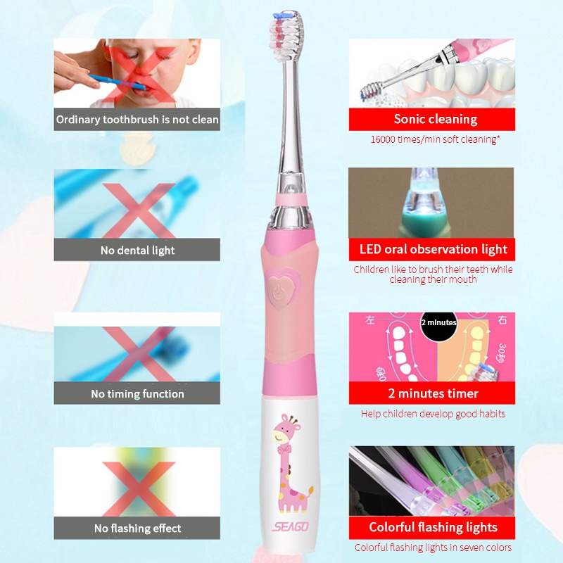 Seago Trẻ Em Âm Bàn Chải Đánh Răng Điện Cho 3-12 Lứa Tuổi Pin Đèn LED Âm Bàn Chải Tập Đánh Răng Hẹn Giờ Thông Minh Với 3 Thay Thế đầu Bàn Chải LELE