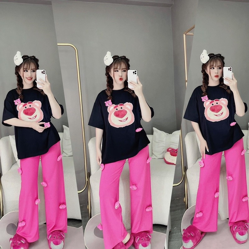 Set áo cotton gấu thêu quần suông đính gấu hình thật