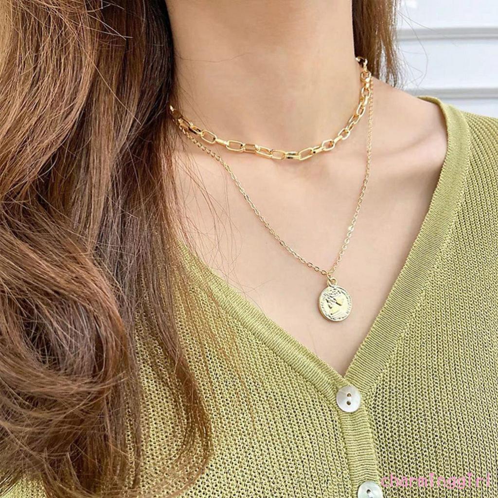 Vòng cổ Dạng Chuỗi Đôi Mặt Tròn Họa Tiết Chân Dung Tinh Tế Dành Cho Nữ