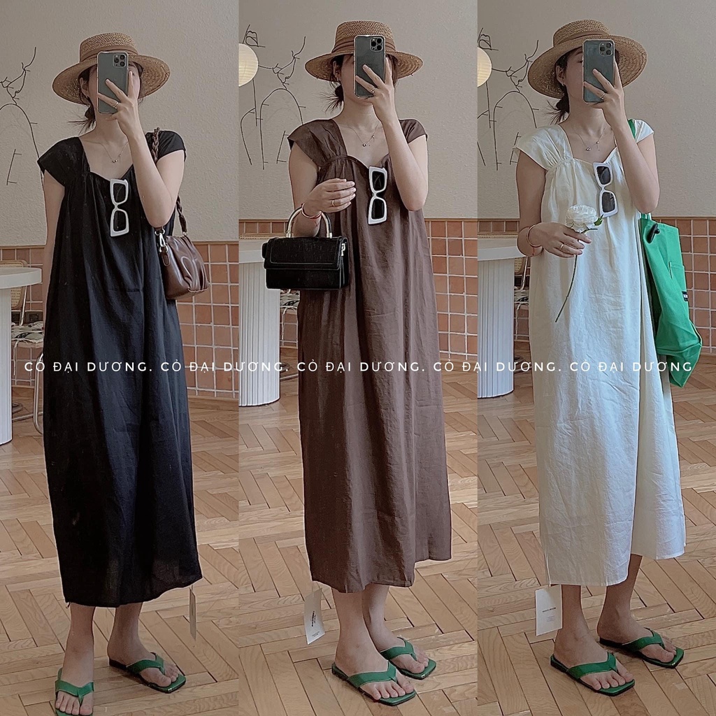 Váy maxi đũi bo chun ngực tay bè xinh dáng dài ba màu- Đầm maxi suông dây bản to trơn đi biển dáng dài