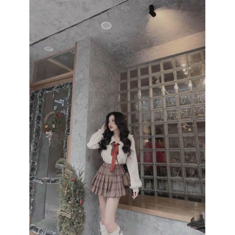 💋💋Set áo sơmi nhung tăm kèm nơ cổ mix chân váy kẻ xếp li có lót quần.😍😍