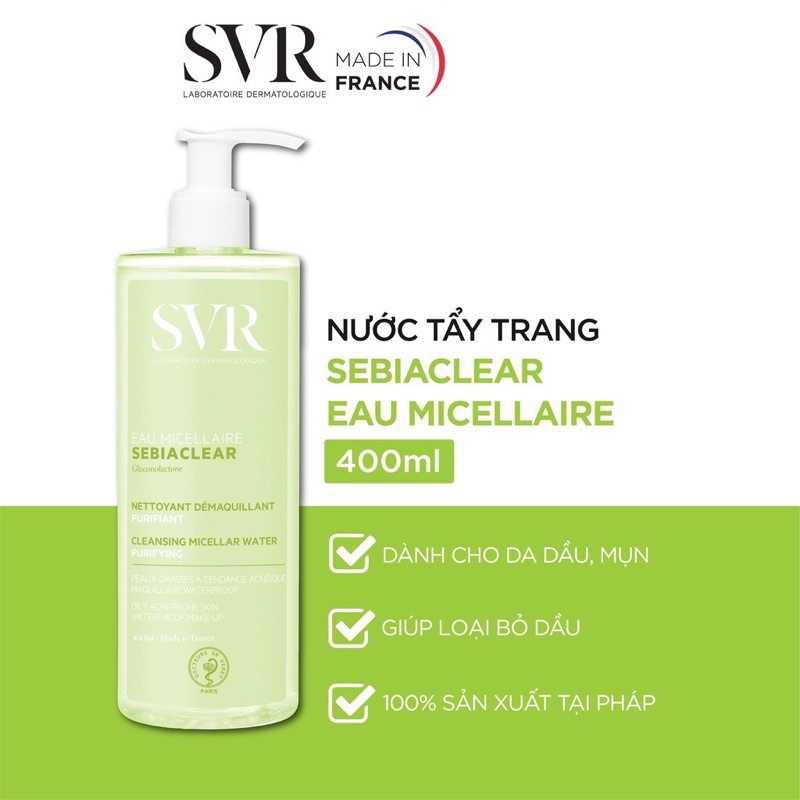 Nước làm sạch da, tẩy trang và giúp loại bỏ dầu cho da SVR SEBIACLEAR Eau Micellaire 75/400ml Nhập Khẩu Chính Hãng