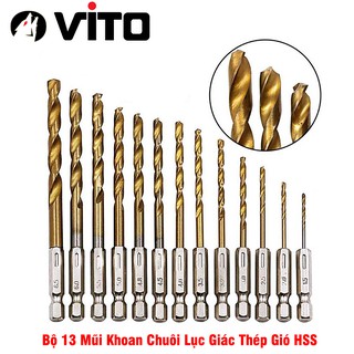 Bộ 13 Mũi Khoan Chất Liệu Thép Gió HSS Bọc Titanium VITO Chuôi Lục Giác Khoan Gỗ, Nhựa