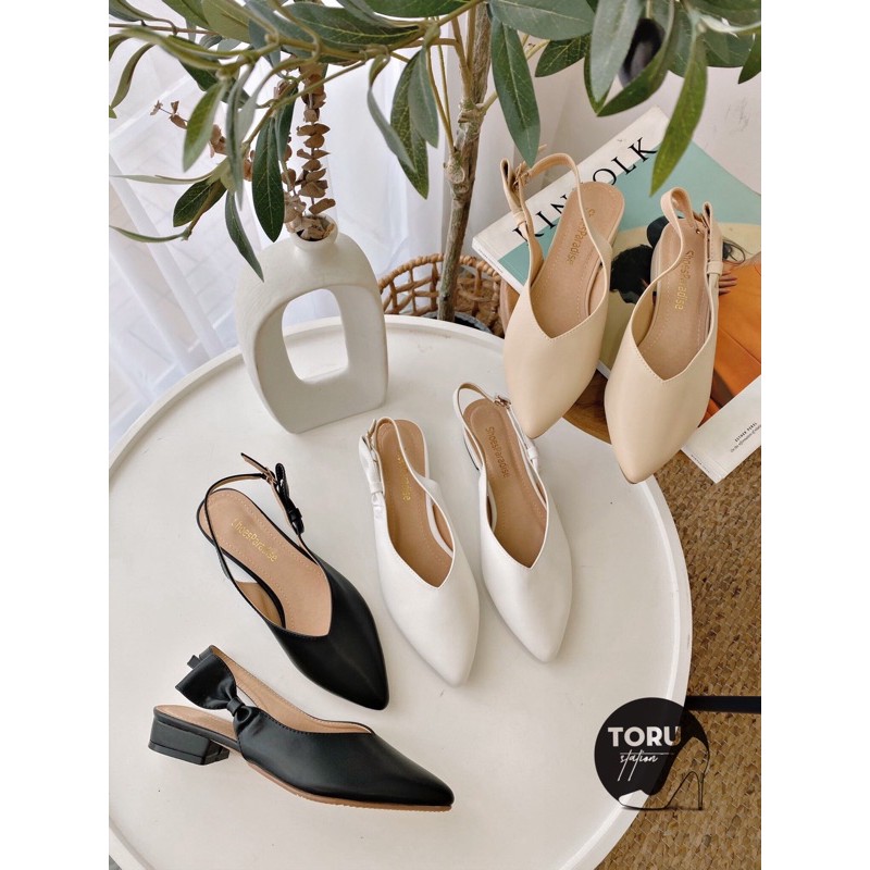 Giày nữ đế bệt nơ xinh xắn bít mũi tim cao 2cm dáng slingback khuyết eo thời trang tinh tế thanh lịch
