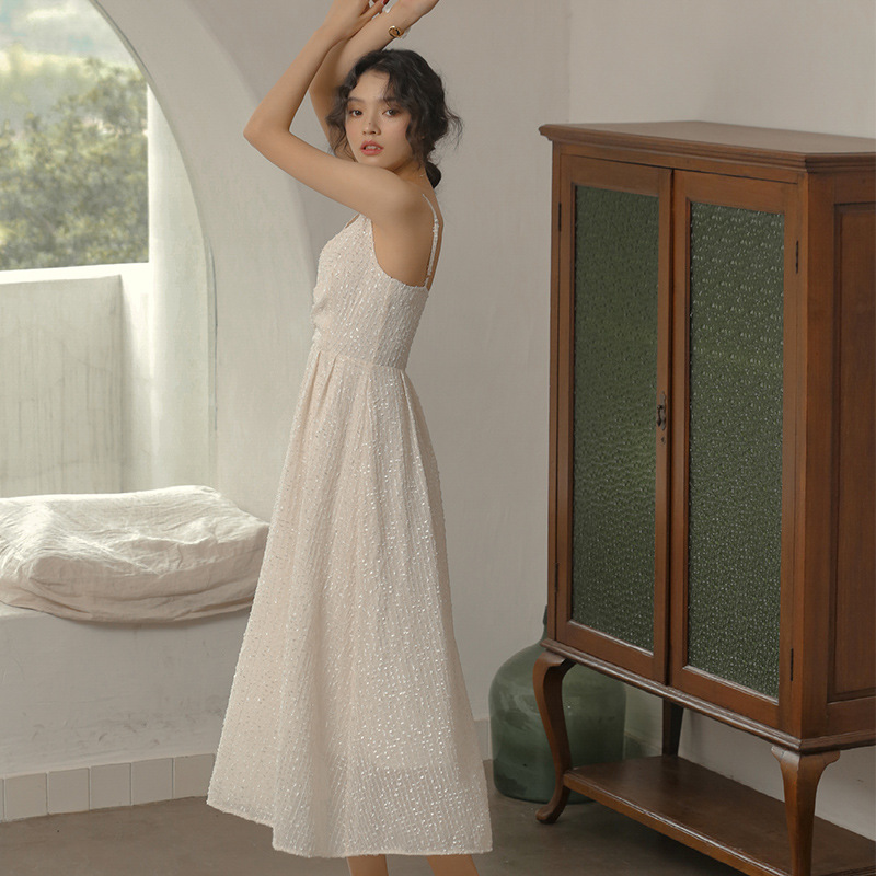 IELGY  Đầm Dài Hai Dây Màu Trắng Phong Cách Pháp Cổ Điển Thời Trang Cho Nữ