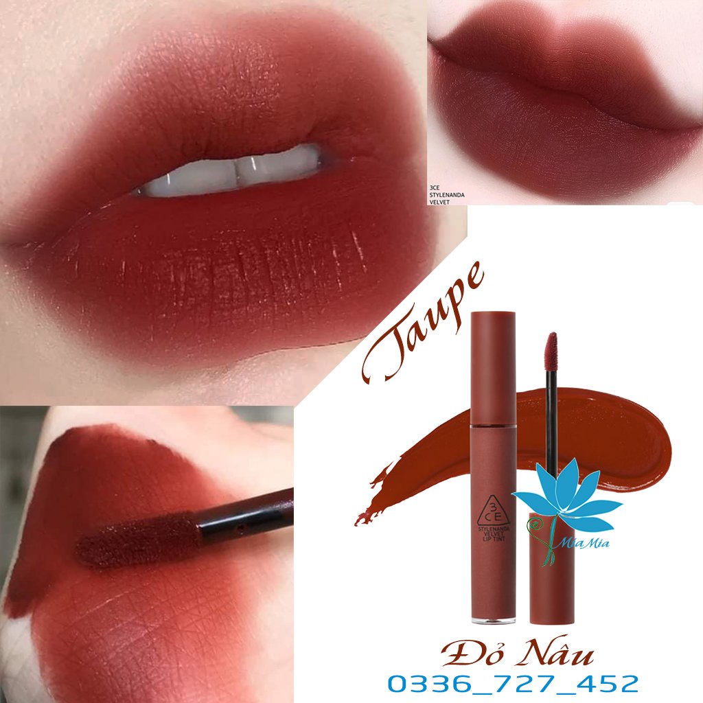 Son 3CE Velvet Lip Tint Taupe Son Tint Kem Lì Màu Đỏ Nâu Bền Màu Lâu Trôi