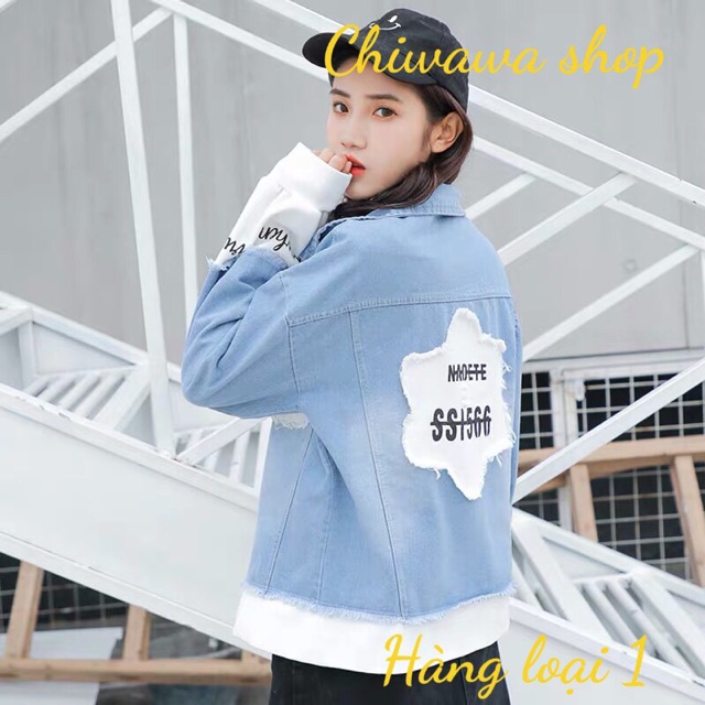 [Video] Áo khoác jean nữ ngôi sao tinh tú Hàn Quốc style mũ nỉ trắng và viền tay đỉnh cao loại 1