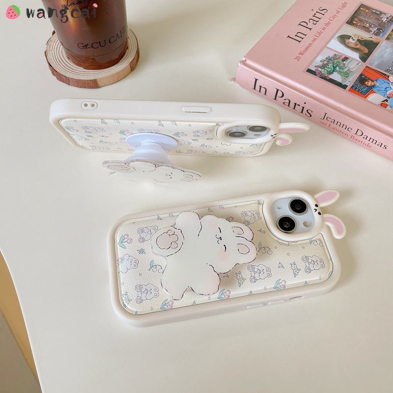 Compatible For iPhone 14 Plus 14 13 12 11 Pro Max Phone Case Rabbit Ear Ears Holder Stand Tulip Lily Of The Valley Flower Cute Cartoon Leather Shockproof Casing Cases Case Cover