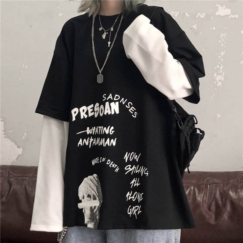 Áo Thun Đen Tay Dài Dáng Rộng In Hình Goth Alt Phong Cách Đường Phố Gothic Thời Trang Mùa Thu Cho Nữ