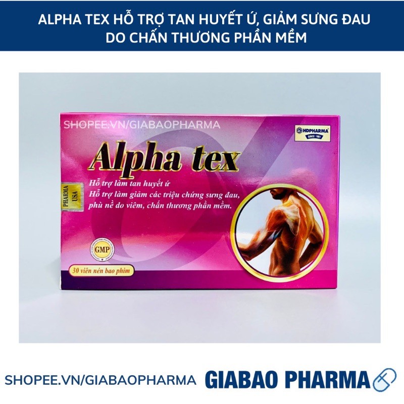 Tan máu bầm ALPHA TEX hỗ trợ tan huyết ứ, giảm các triệu chứng sưng, đau do viêm, chấn thương phần mềm - Hộp 30 viên