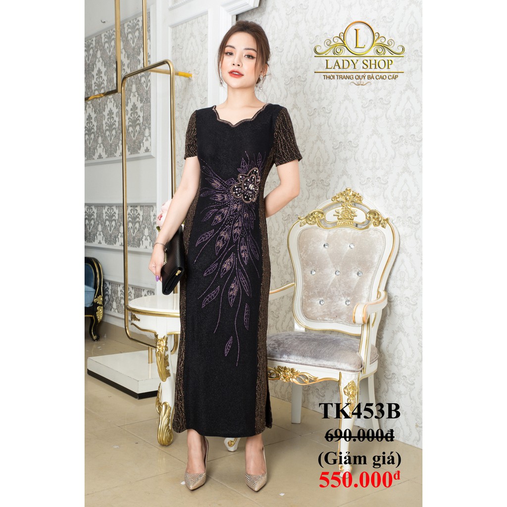 Thời trang trung niên -  Đầm quý bà cao cấp - Ladyshop - Sườn xám cổ hoa phối ngũ sắc đen bông hoa đá TK453