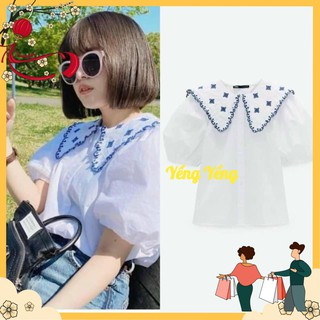 ANU321 - ÁO SƠ MI NỮ TRẮNG CỔ THÊU VIỀN XANH