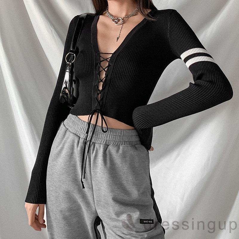 Áo Thun Tay Dài Cổ Chữ V Hở Rốn Thời Trang Dành Cho Nữ