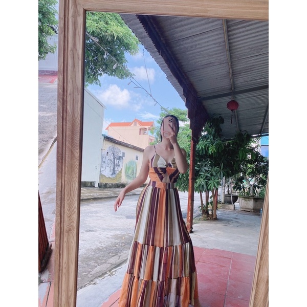 Đầm maxi voan tơ 2 dây dài cut-out ngực cao cấp