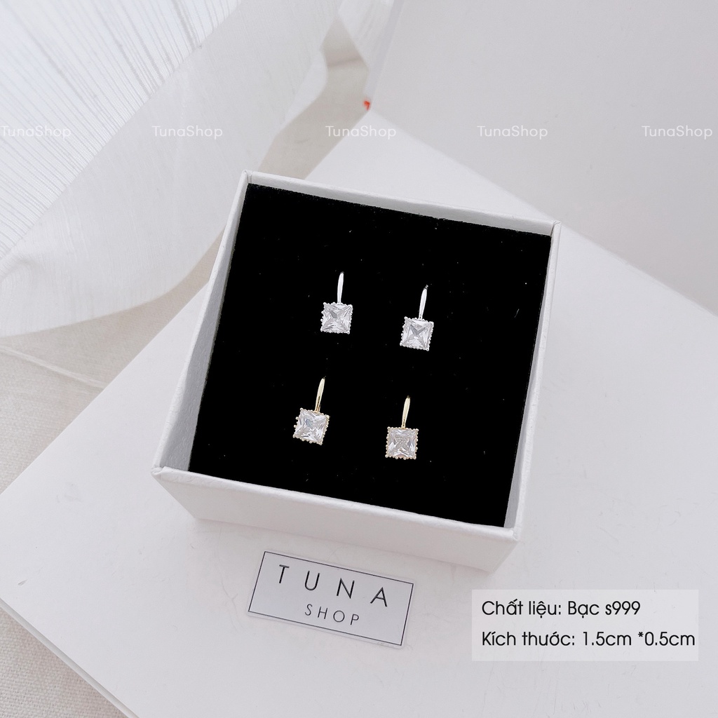Khuyên tai gắn đá vuông/ Bông tai Bạc cao cấp _ 𝐂𝐚𝐦 𝐤𝐞̂́𝐭 𝐜𝐡𝐮𝐚̂̉𝐧 𝐁𝐚̣𝐜 _ TUNA SILVER