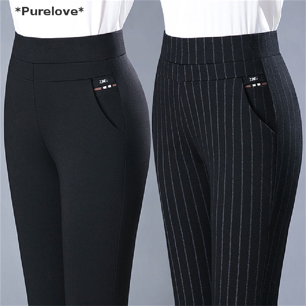 Quần Dài Ống Bút Chì Lưng Thun Họa Tiết Kẻ Sọc Thời Trang Thanh Lịch