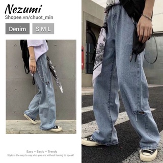 Quần bò thụng jeans rách unisex + khăn và dây xích