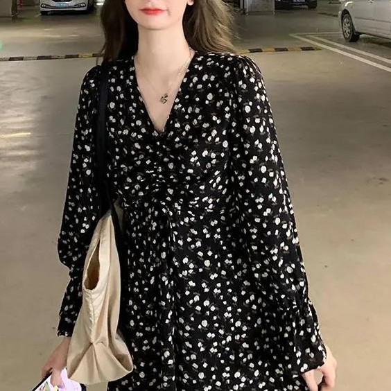 Women's Fashion Classic French Retro Classic Floral Print Long Sleeve V-neck Dress