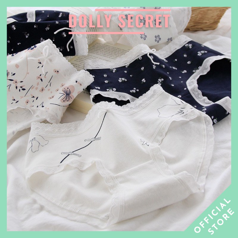 Quần Lót Cotton Nữ DOLLY SECRET Viền Ren Y Tế Học Sinh Cao Cấp Họa Tiết Màu Trắng Vải Kháng Khuẩn Mềm Mại QL050