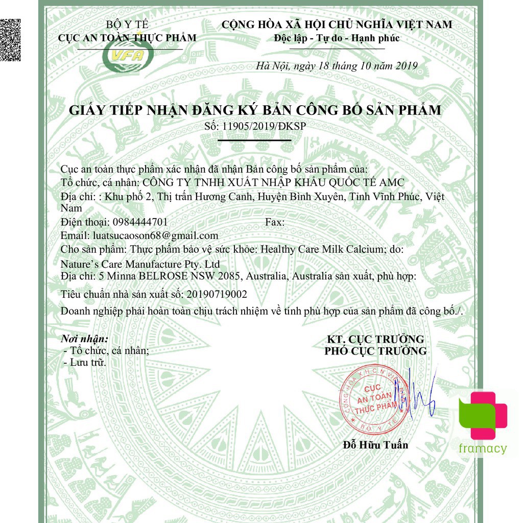 Canxi sữa, Milk Calcium Healthy Care 60 viên Úc