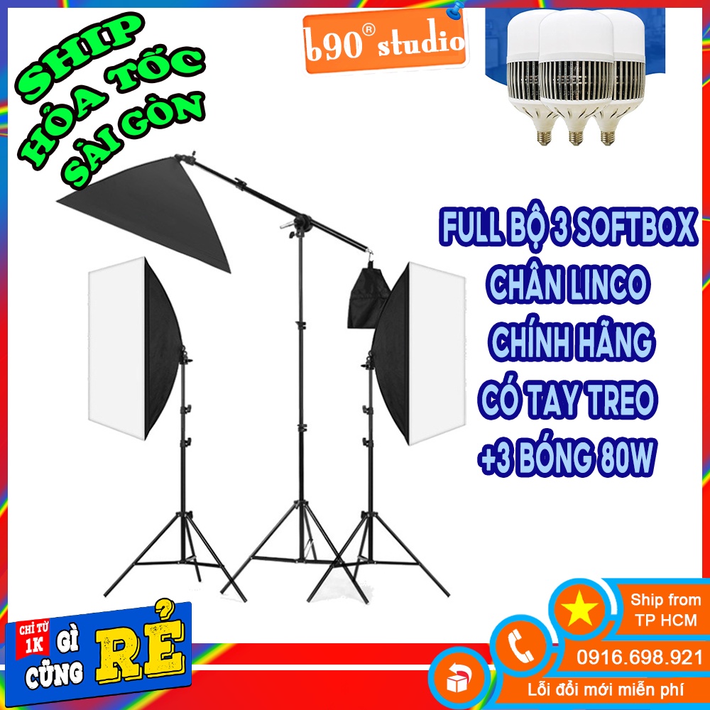 FULL BỘ 3 SOFTBOX CHÂN LINCO 8806 CÓ TAY TREO BÓNG BULB 80W Đèn Studio Chụp Sản Phẩm,Quay Phim,Livestream
