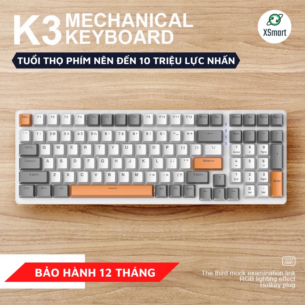 Bàn Phím Cơ Cao Cấp K3 Premium Gaming Nhiều Chế Độ Led Cực Đẹp, Trục Cơ Học Red Switch Dùng Cho Máy Tính, Laptop
