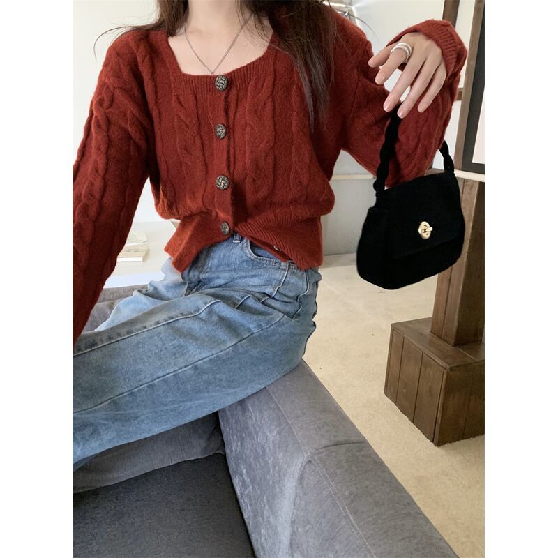 Áo Khoác Cardigan Dệt Kim Dáng Rộng Màu Đỏ Phong Cách Cổ Điển Mừng Năm Mới