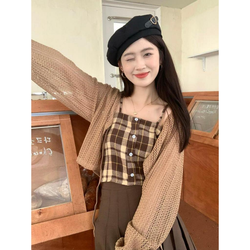 Áo Hai Dây Sọc Ca Rô / Áo Khoác Cardigan / Chân Váy Chữ A Dài Tay Lưng Cao Xếp Ly Thời Trang Retro Sành Điệu 54050