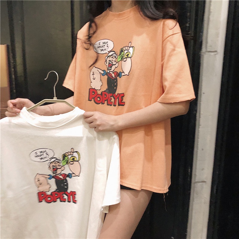 SUXI Áo Thun Tay Ngắn Dáng Rộng In Hoạt Hình Kiểu Retro Hàn Quốc Dễ Thương