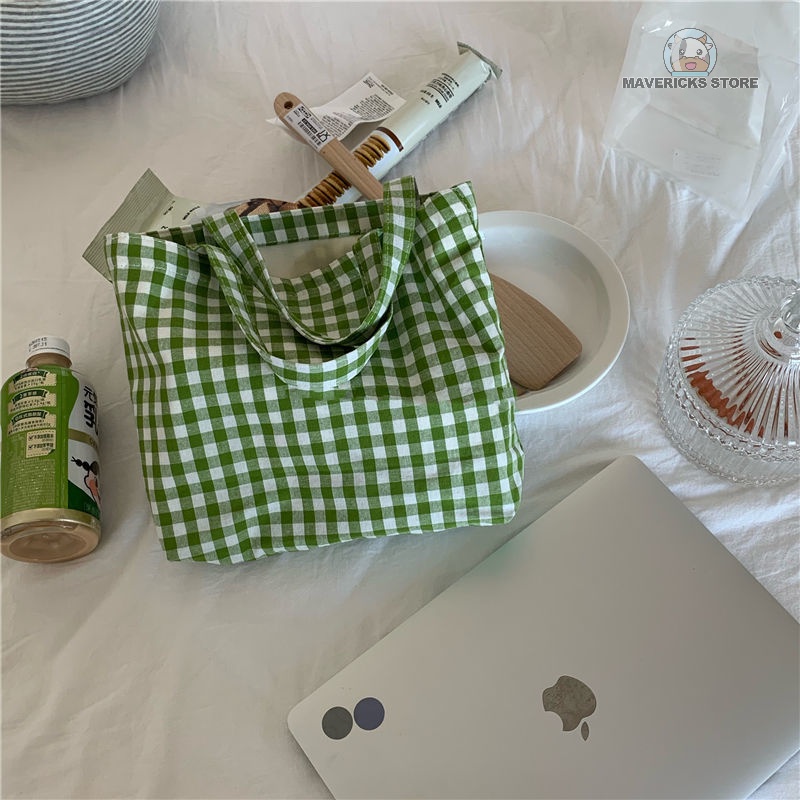 Túi xách đeo vai vải lanh cotton họa tiết sọc ca rô dễ thương phong cách retro hàn quốc