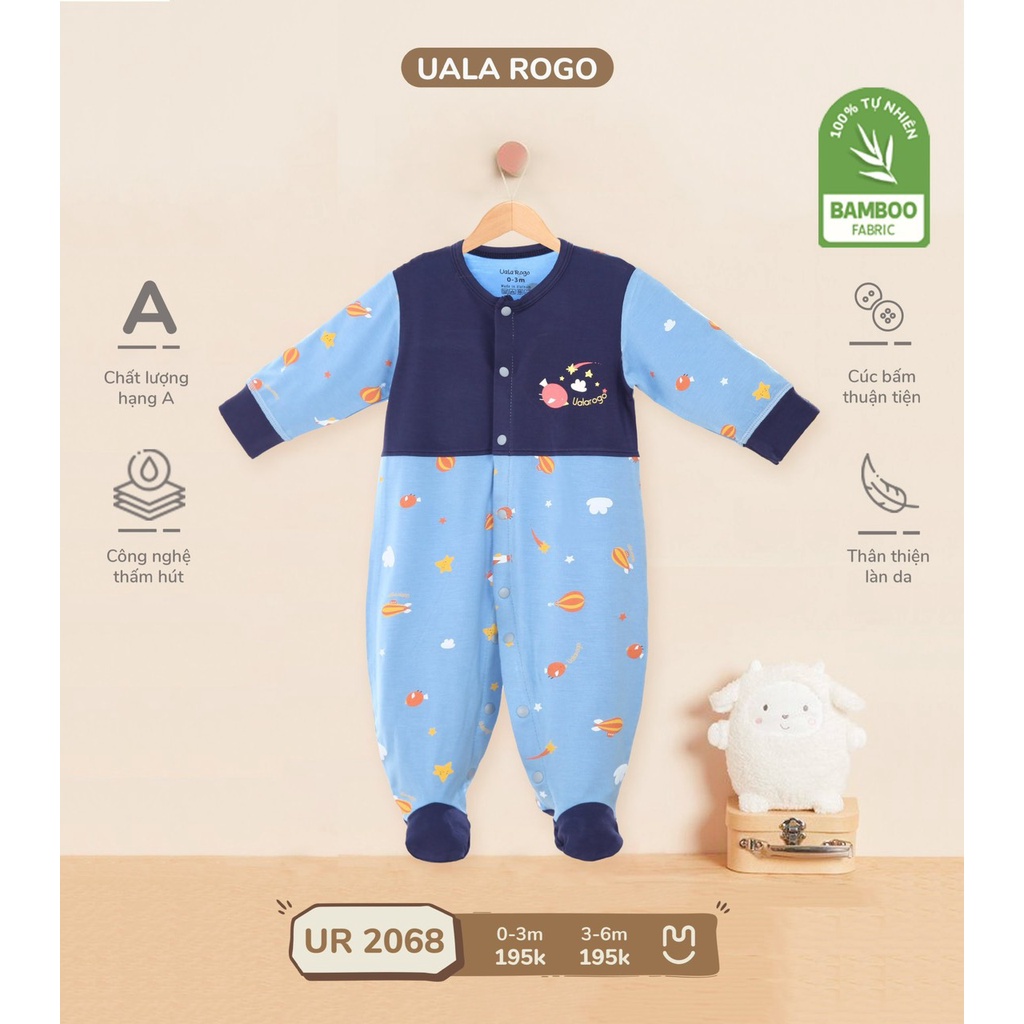 Bộ Bodysuit chùm chân UalaRogo cho bé sơ sinh 0-6 tháng vải sợi tre co giãn mềm mát