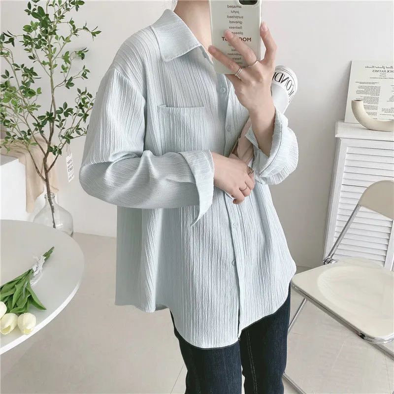 Áo Sơ Mi Chiffon Mỏng Tay Dài Dáng Rộng Họa Tiết Kẻ Sọc Thời Trang Mùa Hè Cho Nữ