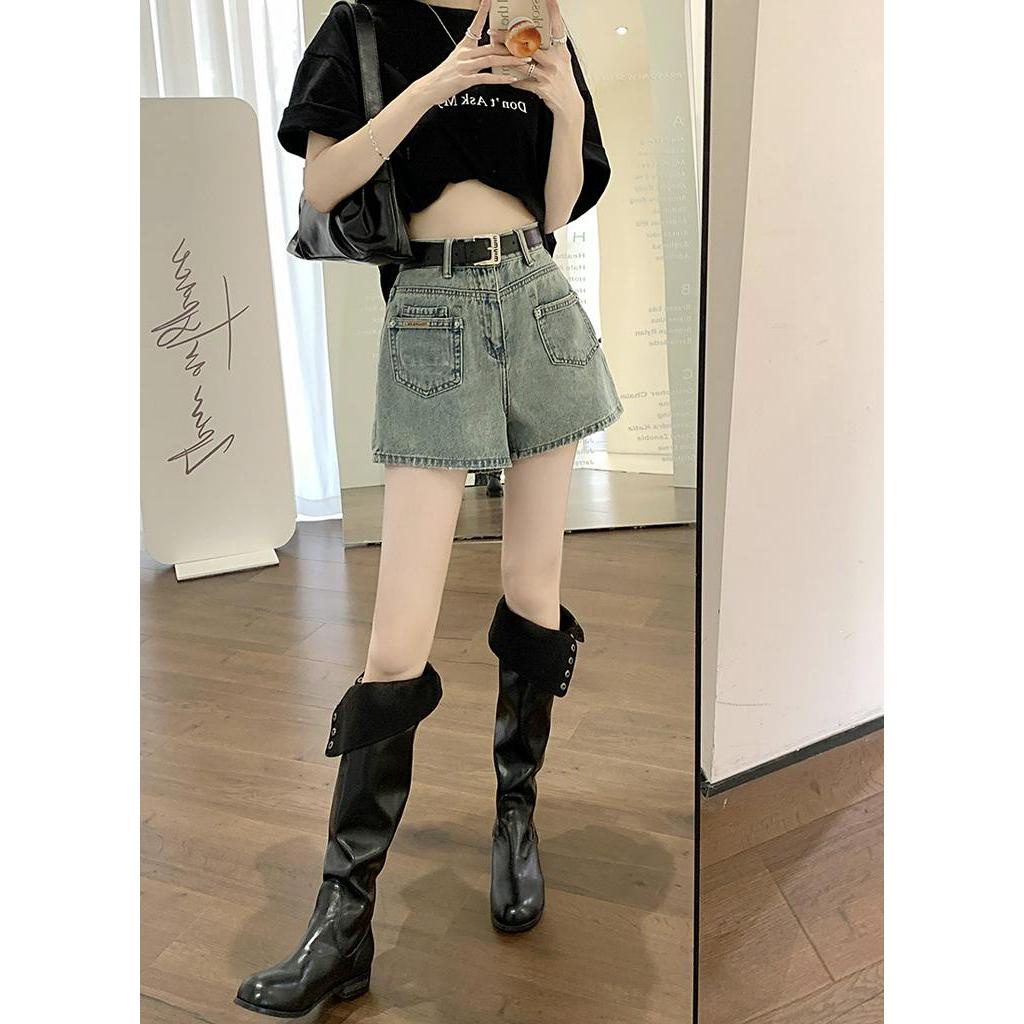 Quần Short Denim Ống Rộng Lưng Cao Phối Hai Túi Phong Cách Hàn Quốc Thời Trang Mùa Hè Hàng Mới 63921