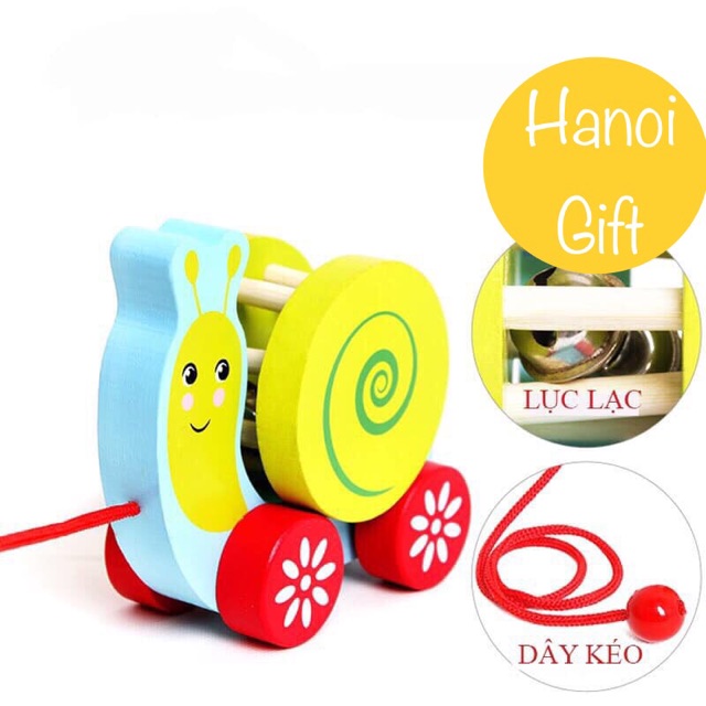 Xe kéo lục lạc hình nhím và ốc sên bằng gỗ cho bé