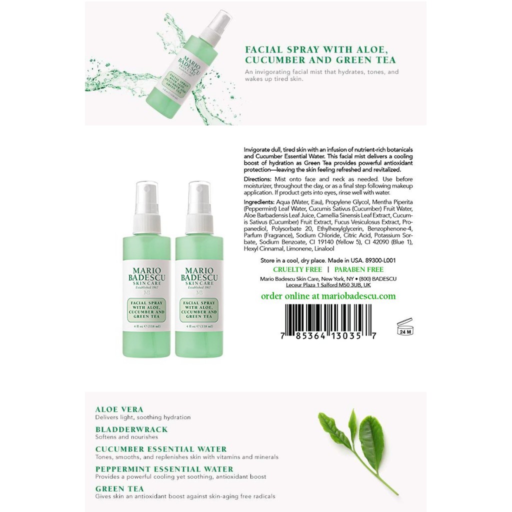 Nước hoa hồng dạng xịt MARIO BADESCU Facial Spray With Aloe, Cucumber And Green Tea (All Skin Types)