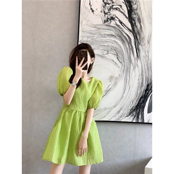 Đầm Babydoll Màu Xanh Vải Sần Xoè Xinh Xắn